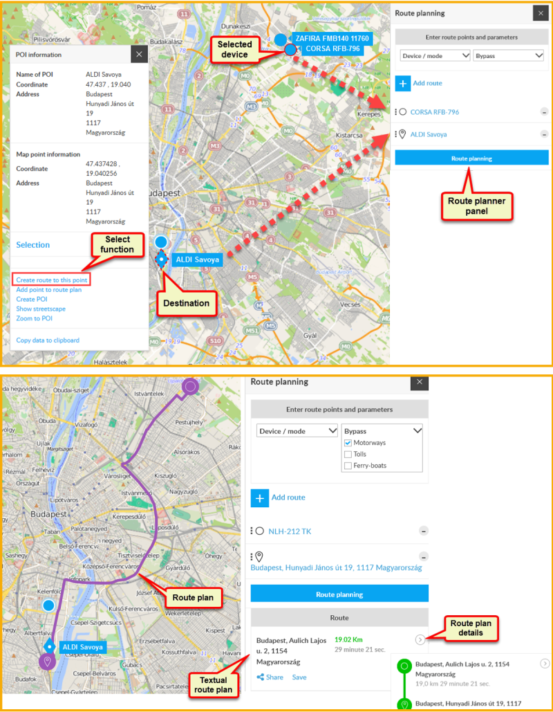 Route plan from selected device