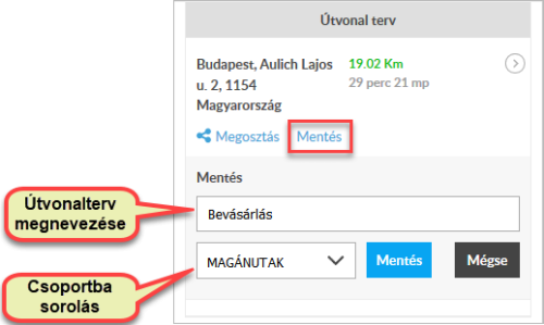 Útvonalterv mentése